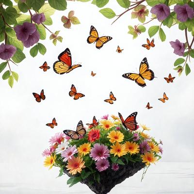 The primary subject of the image is a vase filled with a variety of colorful butterflies. The vase is placed on a table, and the butterflies are arranged in a visually appealing manner. The setting is indoors, with a white background that contrasts with the vibrant colors of the butterflies. The visual style is a combination of digital art and illustration, creating a whimsical and artistic atmosphere. The colors and mood of the image are predominantly warm and cheerful, with the butterflies serving as a symbol of life and beauty.
